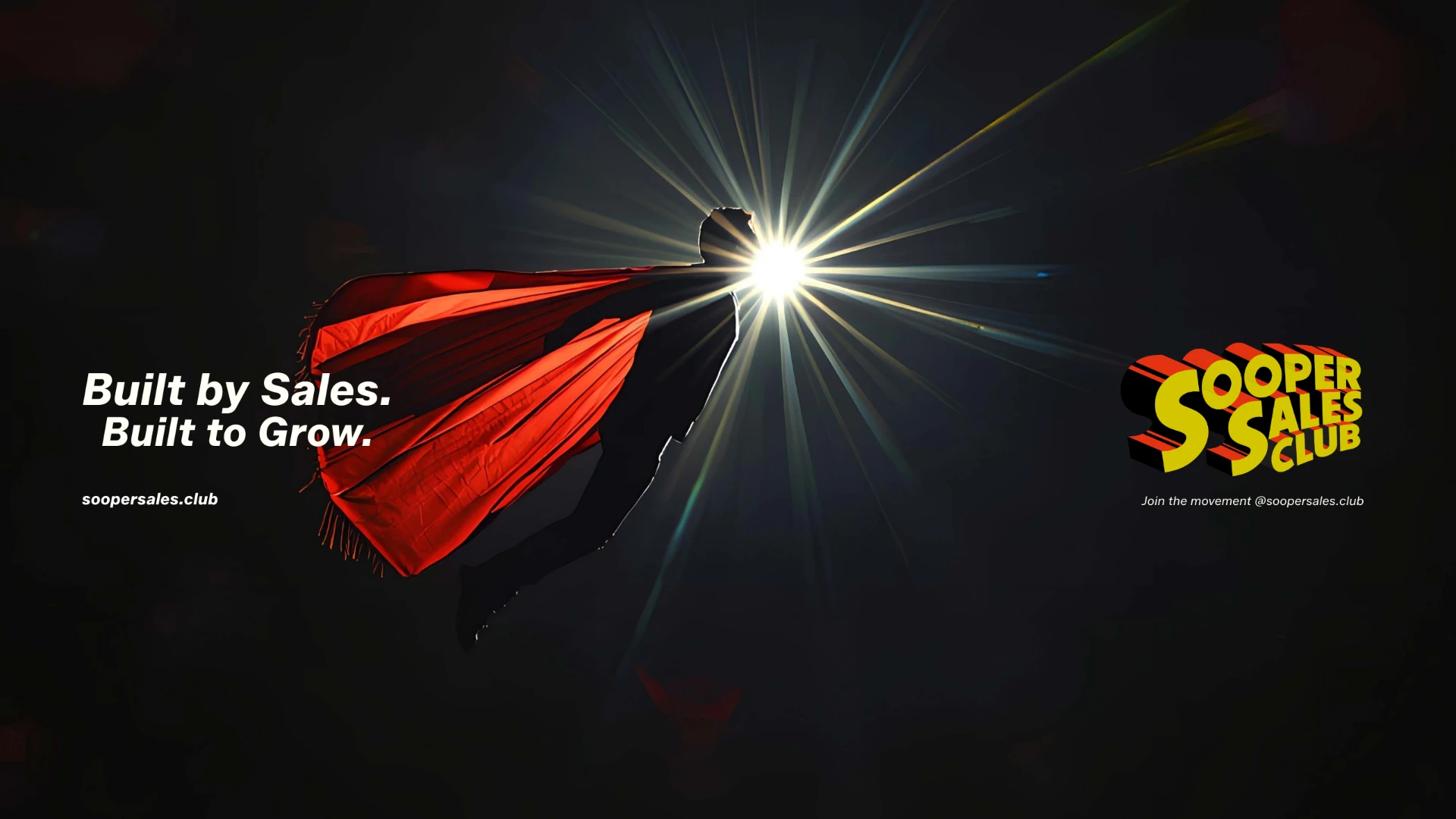 A salesperson in a red cape facing a bright light